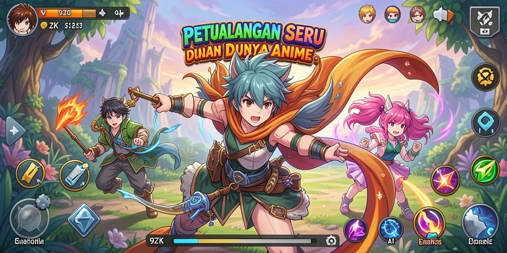 Tangkapan layar dari permainan 9ZK menampilkan aksi karakter Anime.