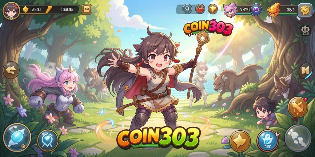 Tampilan gameplay COIN303 yang penuh warna dan menawan.