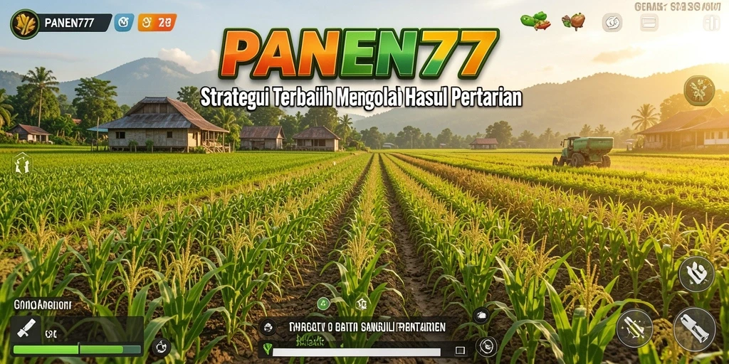 Tampilan gameplay <strong>PANEN77</strong> dengan ladang luas dan berbagai tanaman.