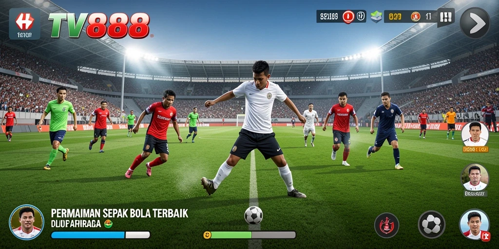 Tangkapan layar gameplay TV888 yang menunjukkan aksi pertandingan sepak bola.